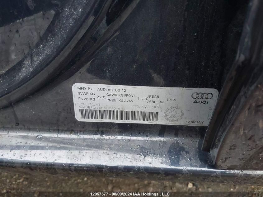 2012 Audi A4 VIN: WAUBFCFL8CN021046 Lot: 12057577