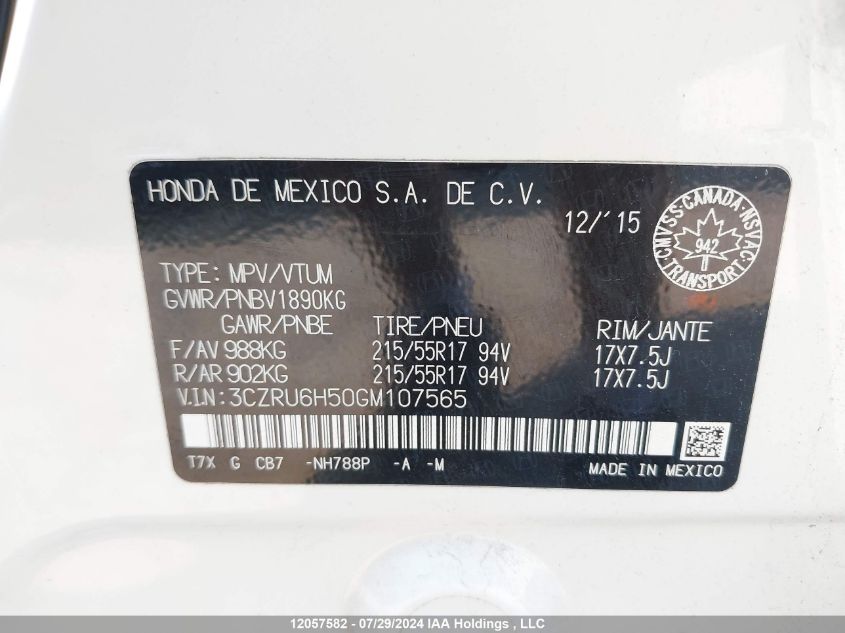 2016 Honda Hr-V Ex VIN: 3CZRU6H50GM107565 Lot: 12057582