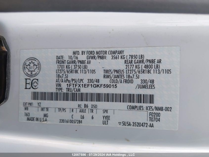 2016 Ford F-150 Xlt VIN: 1FTFX1EF1GKF59015 Lot: 12057586