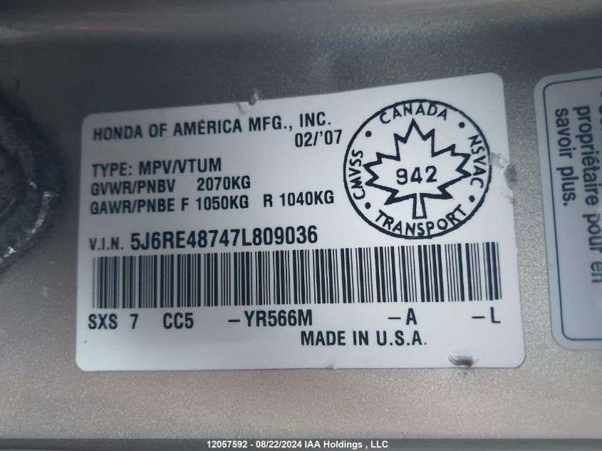 2007 Honda Cr-V VIN: 5J6RE48747L809036 Lot: 12057592