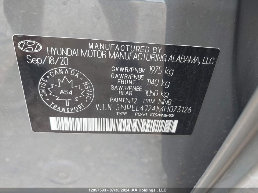 2021 Hyundai Sonata Luxury VIN: 5NPEL4J24MH073126 Lot: 12057593