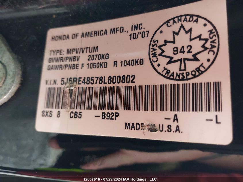 2008 Honda Cr-V VIN: 5J6RE48578L800802 Lot: 12057616