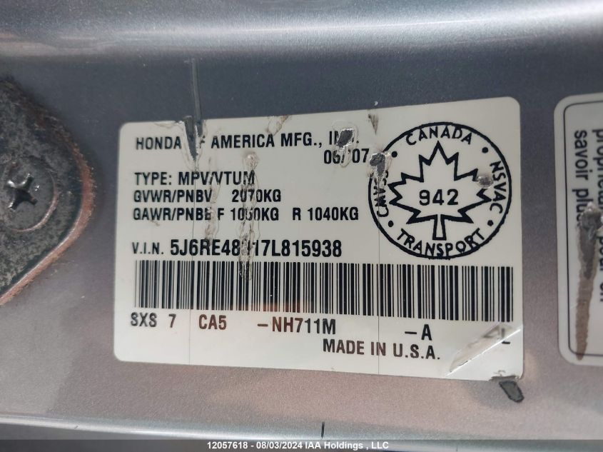 2007 Honda Cr-V VIN: 5J6RE48317L815938 Lot: 12057618