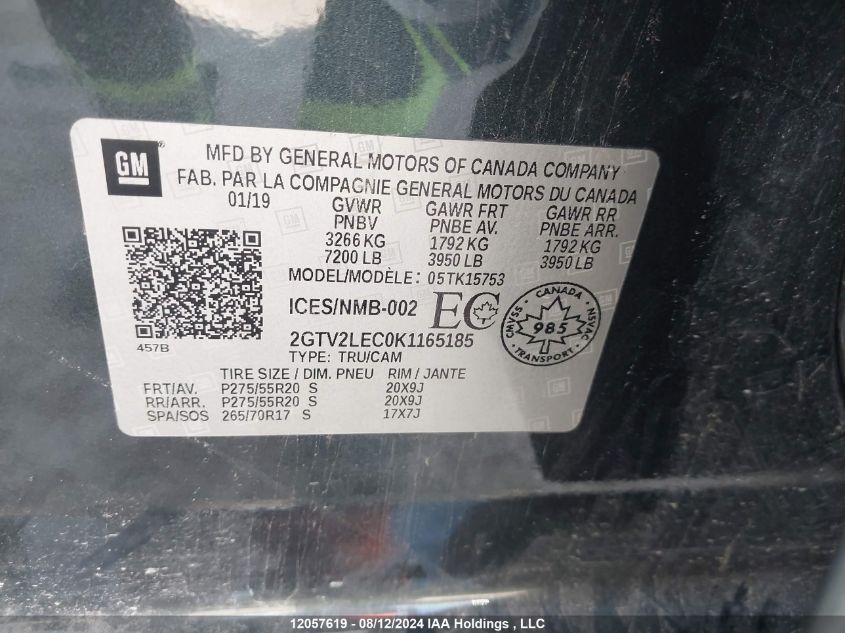 2019 GMC Sierra 1500 Limited VIN: 2GTV2LEC0K1165185 Lot: 12057619