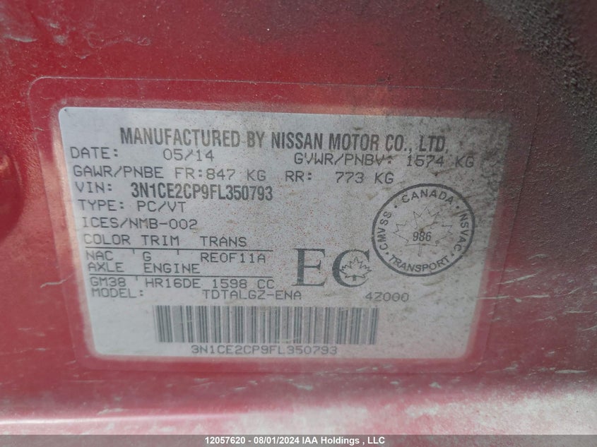 2015 Nissan Versa Note VIN: 3N1CE2CP9FL350793 Lot: 12057620