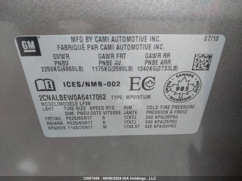 2010 Chevrolet Equinox VIN: 2CNALBEW0A6417062 Lot: 12057659