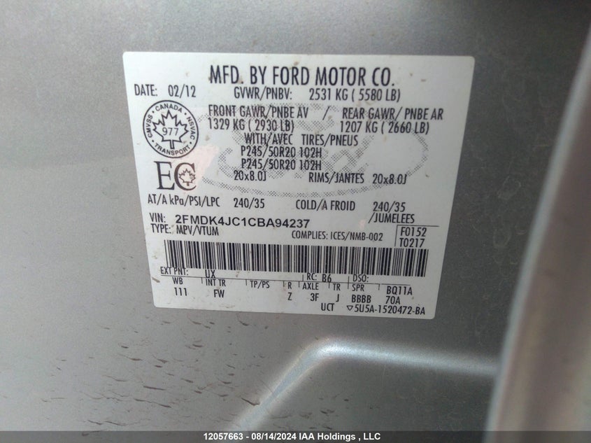 2012 Ford Edge Sel VIN: 2FMDK4JC1CBA94237 Lot: 12057663