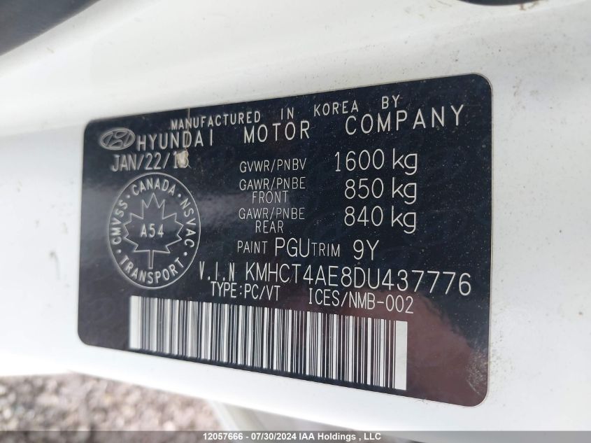 2013 Hyundai Accent Gls/Gs VIN: KMHCT4AE8DU437776 Lot: 12057666