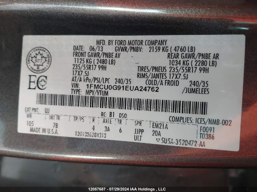 2014 Ford Escape VIN: 1FMCU0G91EUA24762 Lot: 12057687