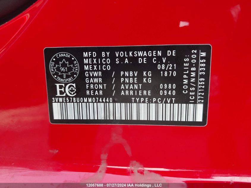 2021 Volkswagen Jetta VIN: 3VWE57BU0MM074440 Lot: 12057688