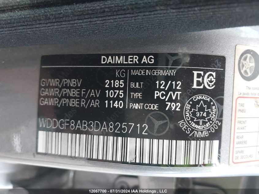 2013 Mercedes-Benz C-Class VIN: WDDGF8AB3DA825712 Lot: 12057700