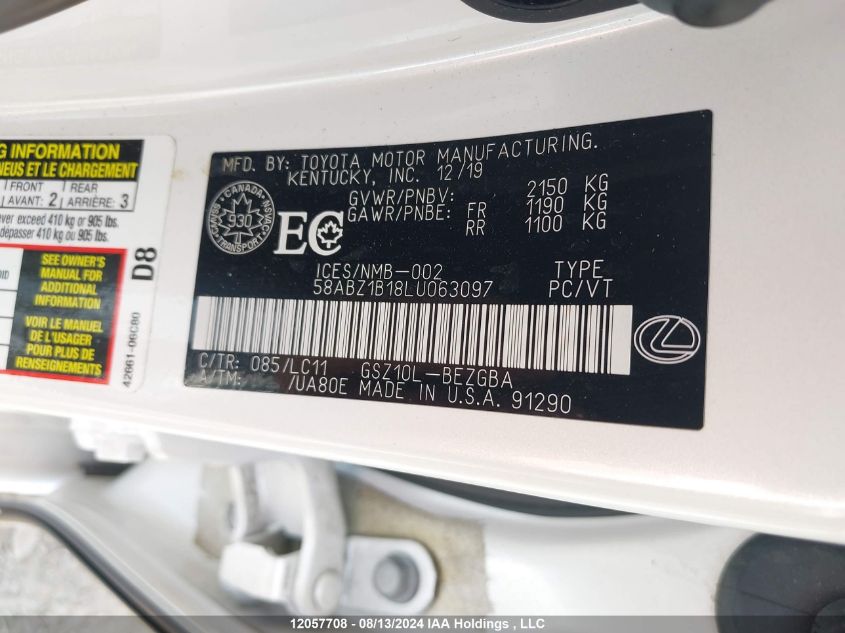 2020 Lexus Es 350 350 VIN: 58ABZ1B18LU063097 Lot: 12057708