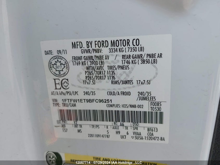 2011 Ford F150 Supercrew VIN: 1FTFW1ET9BFC96251 Lot: 12057714