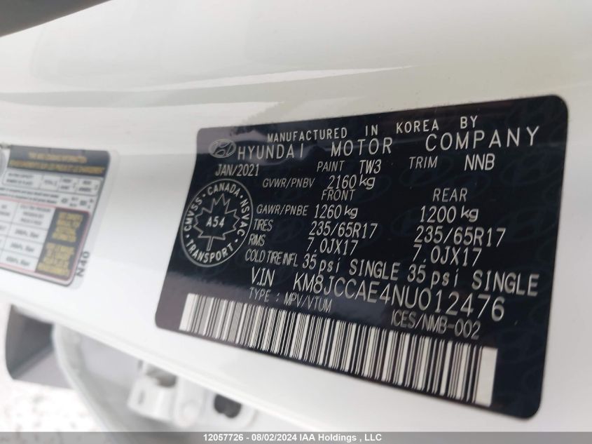 2022 Hyundai Tucson Preferred Awd With Trend Package VIN: KM8JCCAE4NU012476 Lot: 12057726