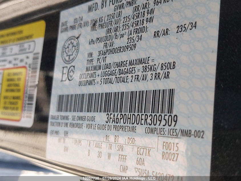 2014 Ford Fusion Se VIN: 3FA6P0HD0ER309509 Lot: 12057730