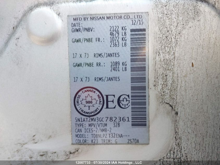 2016 Nissan Rogue VIN: 5N1AT2MV3GC782361 Lot: 12057733