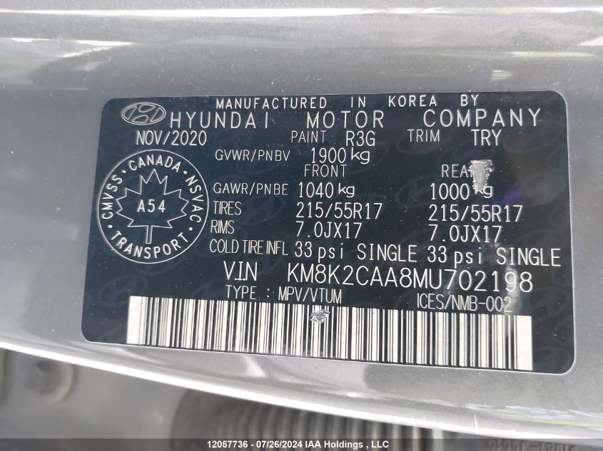 2021 Hyundai Kona Sel VIN: KM8K2CAA8MU702198 Lot: 12057736