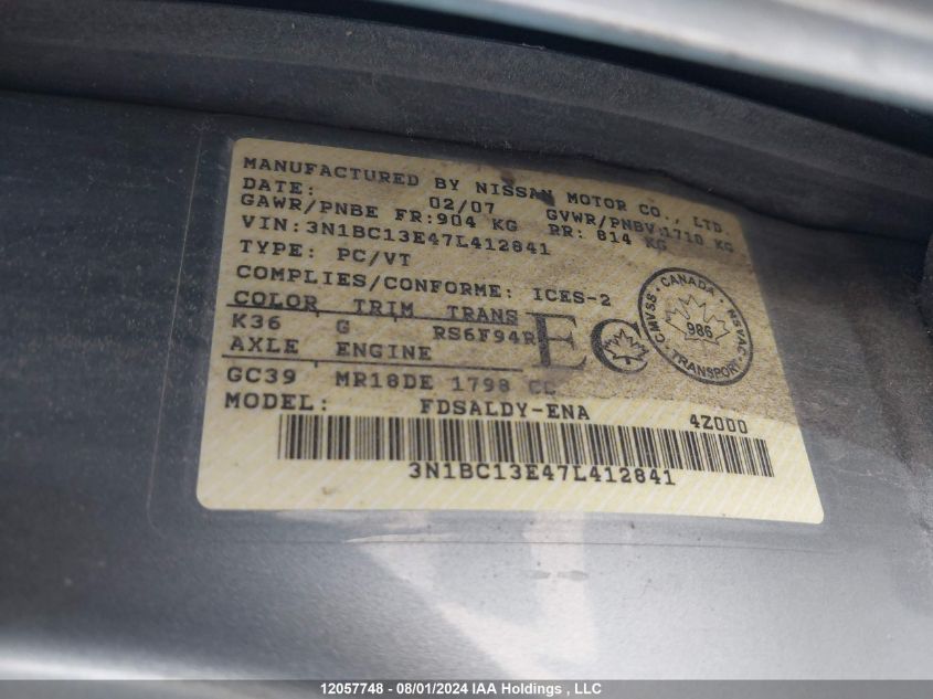 2007 Nissan Versa 1.8S VIN: 3N1BC13E47L412841 Lot: 12057748