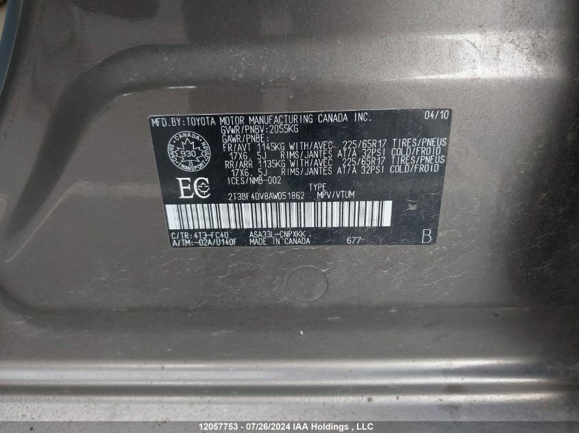 2010 Toyota Rav4 VIN: 2T3BF4DV8AW051862 Lot: 12057753