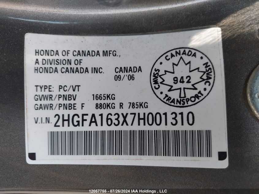 2007 Honda Civic Sdn VIN: 2HGFA163X7H001310 Lot: 12057755