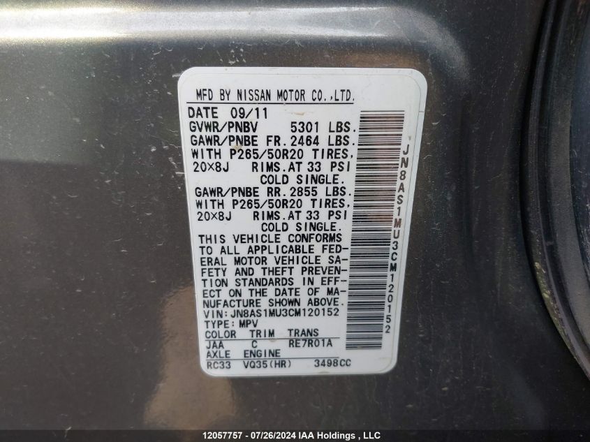 2012 Infiniti Fx35 VIN: JN8AS1MU3CM120152 Lot: 12057757