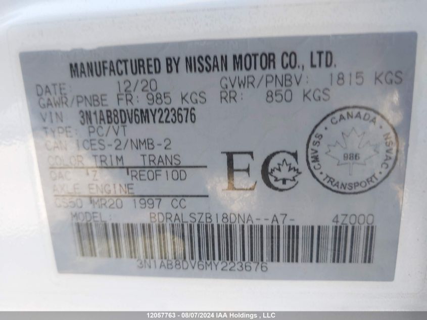 2021 Nissan Sentra VIN: 3N1AB8DV6MY223676 Lot: 12057763