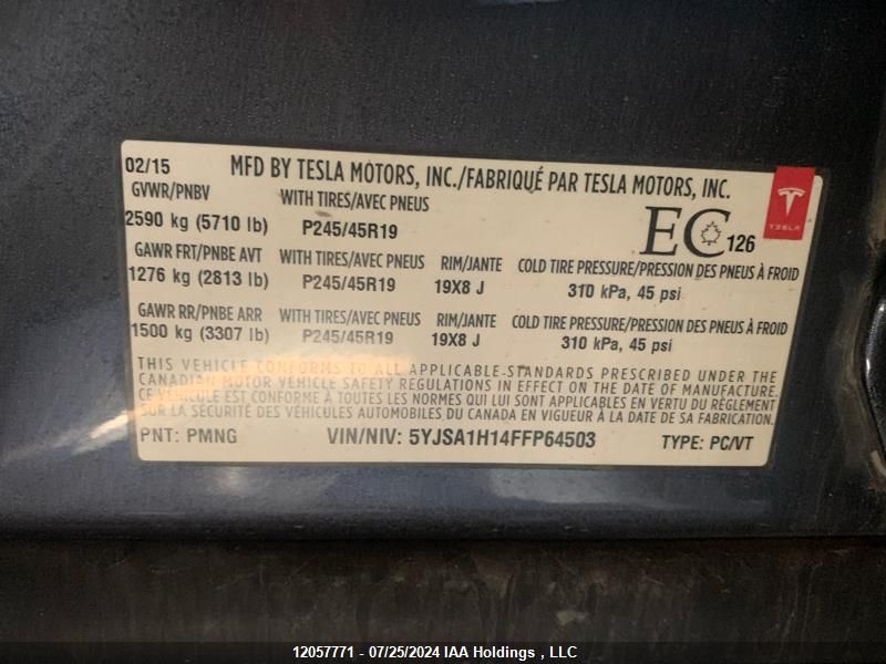 2015 Tesla Model S 60/70/85 VIN: 5YJSA1H14FFP64503 Lot: 12057771
