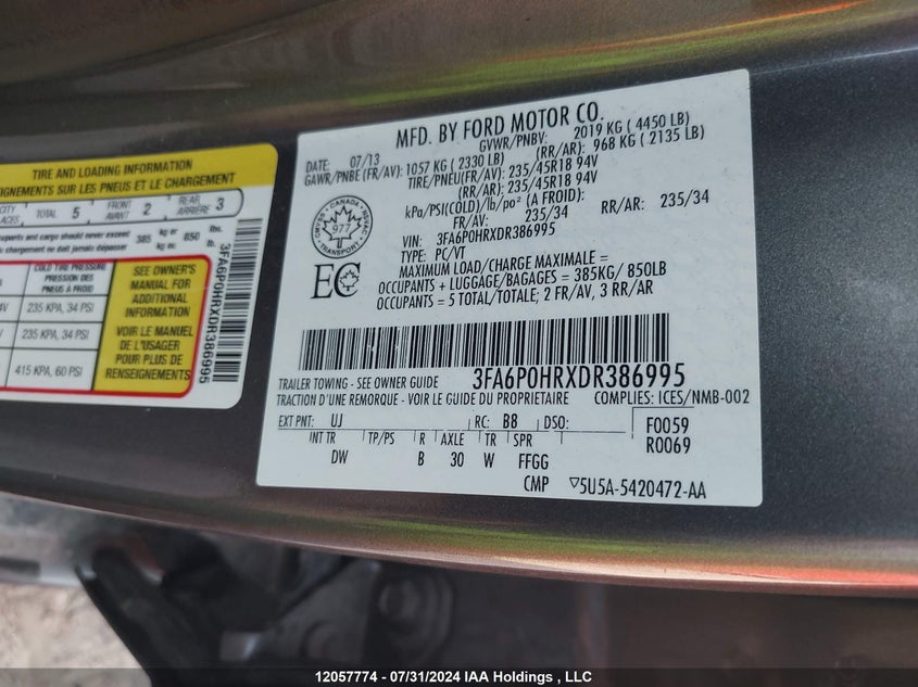 2013 Ford Fusion Se VIN: 3FA6P0HRXDR386995 Lot: 12057774