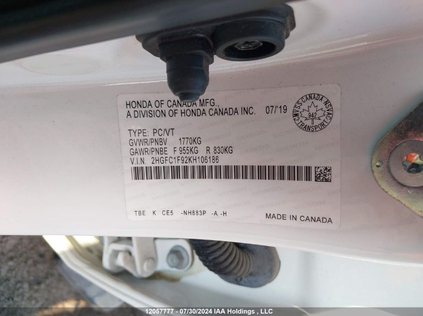 2019 Honda Civic Sedan VIN: 2HGFC1F92KH106186 Lot: 12057777