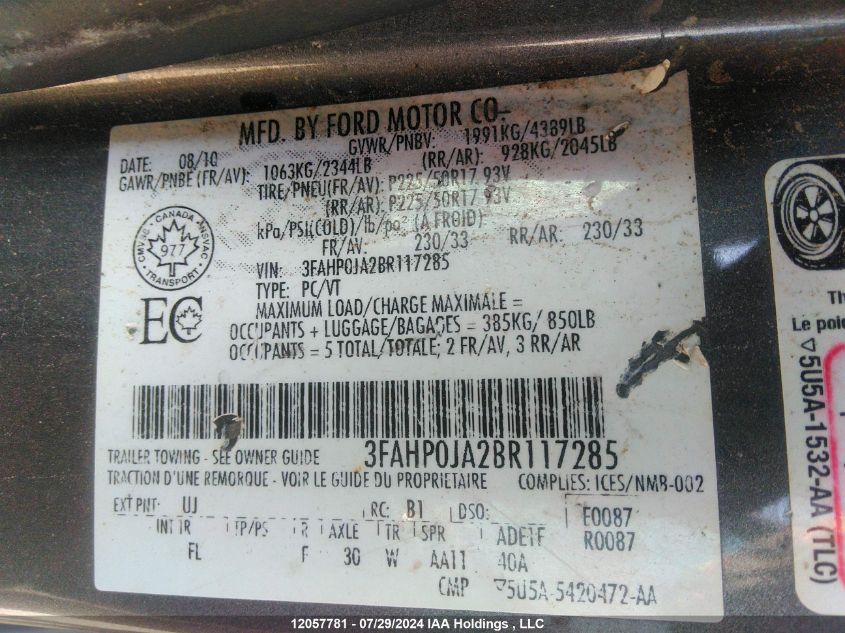 2011 Ford Fusion Sel VIN: 3FAHP0JA2BR117285 Lot: 12057781