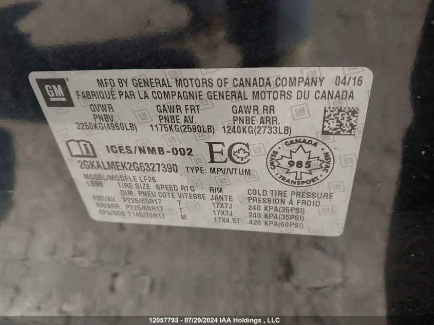 2016 GMC Terrain Sle VIN: 2GKALMEK2G6327390 Lot: 12057793