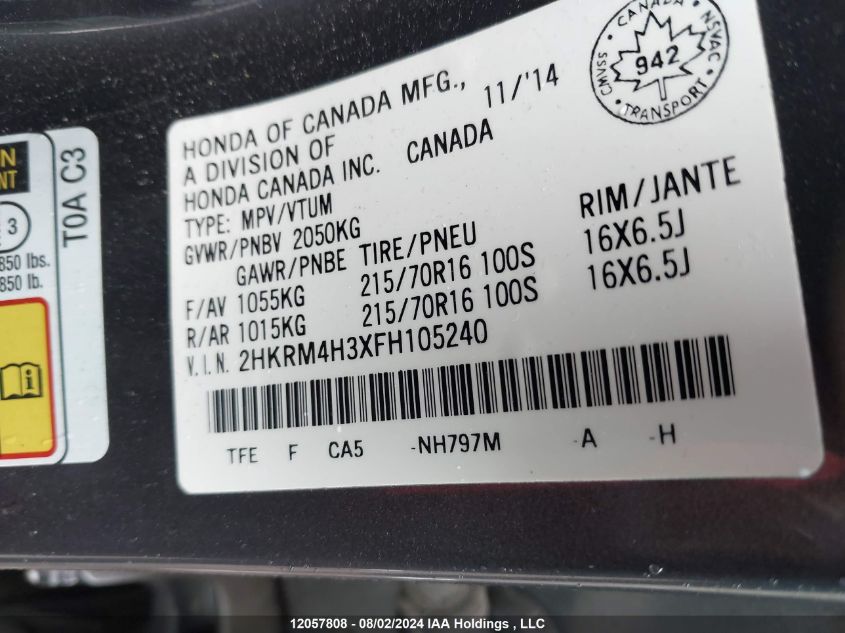 2015 Honda Cr-V Lx VIN: 2HKRM4H3XFH105240 Lot: 12057808