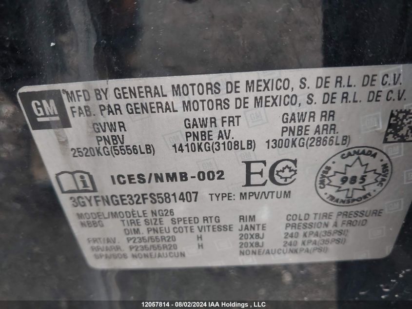 2015 Cadillac Srx VIN: 3GYFNGE32FS581407 Lot: 12057814