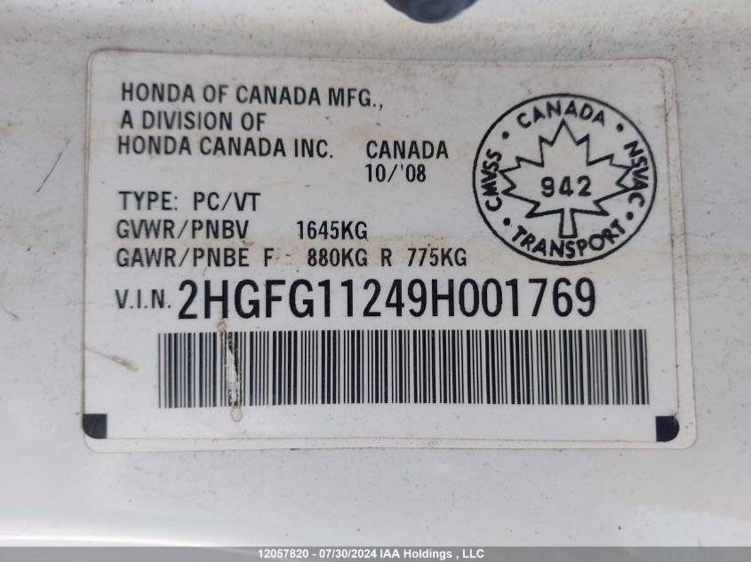 2009 Honda Civic Dx VIN: 2HGFG11249H001769 Lot: 12057820