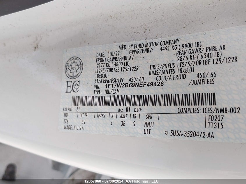 2022 Ford F250 Super Duty VIN: 1FT7W2B69NEF49426 Lot: 12057860