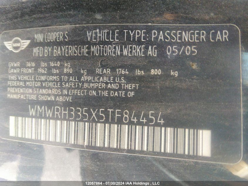 2005 Mini Cooper S VIN: WMWRH335X5TF84454 Lot: 12057864