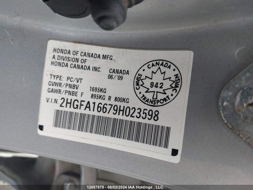 2009 Honda Civic Sdn VIN: 2HGFA16679H023598 Lot: 12057875