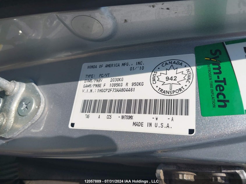 2010 Honda Accord Sedan VIN: 1HGCP2F73AA804461 Lot: 12057889