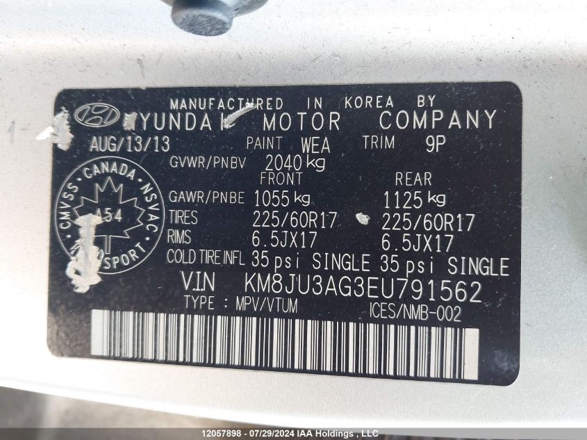 2014 Hyundai Tucson Gls VIN: KM8JU3AG3EU791562 Lot: 12057898