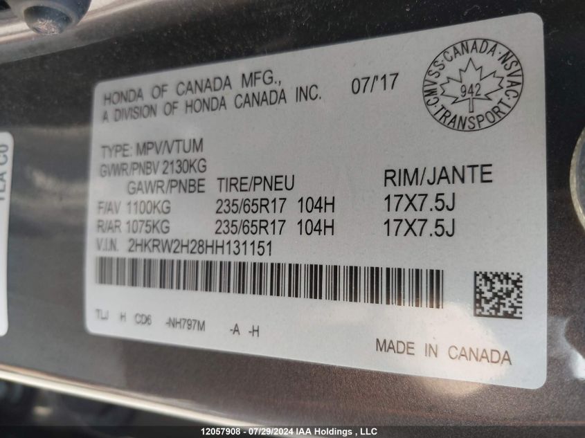 2017 Honda Cr-V VIN: 2HKRW2H28HH131151 Lot: 12057908