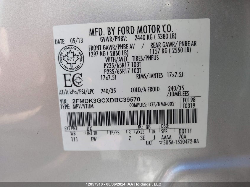 2013 Ford Edge Se VIN: 2FMDK3GCXDBC39570 Lot: 12057910