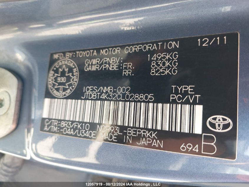 2012 Toyota Yaris VIN: JTDBT4K32CL028805 Lot: 12057919