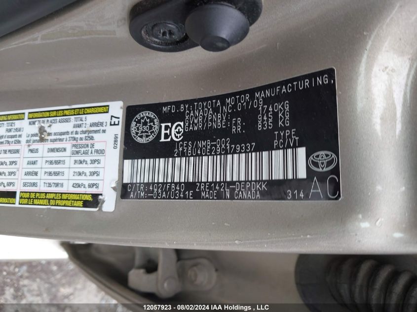 2009 Toyota Corolla S/Le/Xle VIN: 2T1BU40E29C179337 Lot: 12057923