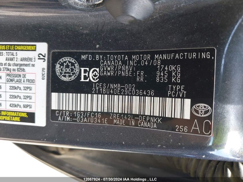 2009 Toyota Corolla Le VIN: 2T1BU40E29C036436 Lot: 12057924