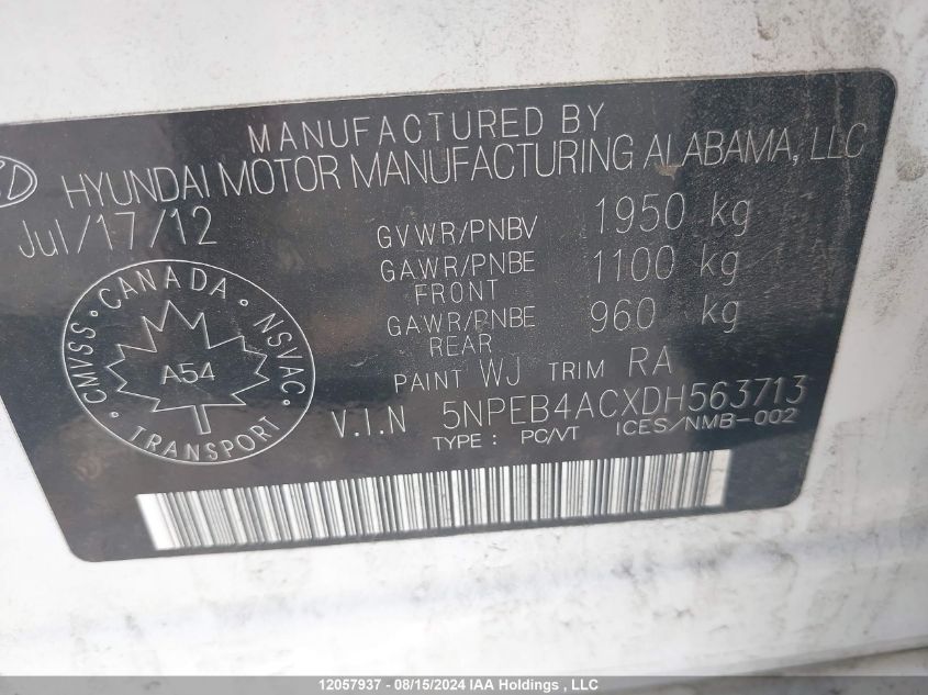 2013 Hyundai Sonata Gls VIN: 5NPEB4ACXDH563713 Lot: 12057937