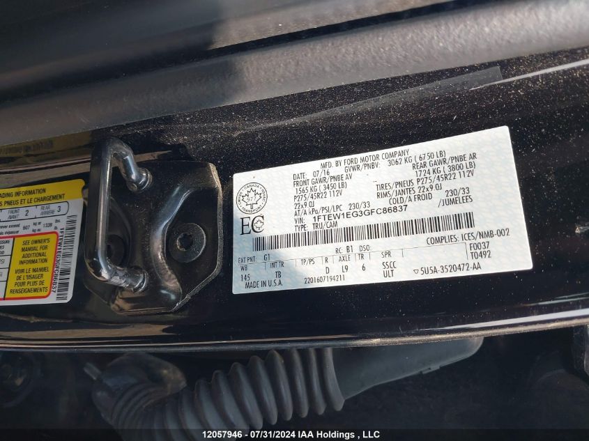 2016 Ford F-150 Limited VIN: 1FTEW1EG3GFC86837 Lot: 12057946