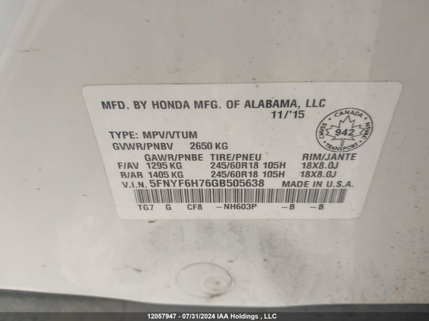 2016 Honda Pilot VIN: 5FNYF6H76GB505638 Lot: 12057947