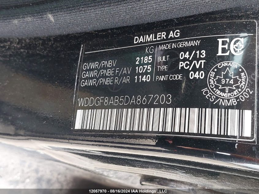 2013 Mercedes-Benz C-Class VIN: WDDGF8AB5DA867203 Lot: 12057970