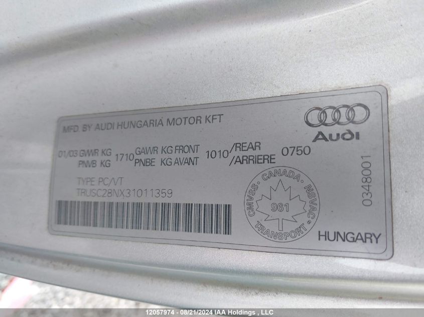 2003 Audi Tt VIN: TRUSC28NX31011359 Lot: 12057974