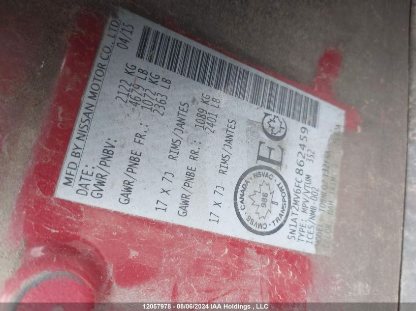 2015 Nissan Rogue VIN: 5N1AT2MV6FC862459 Lot: 12057978